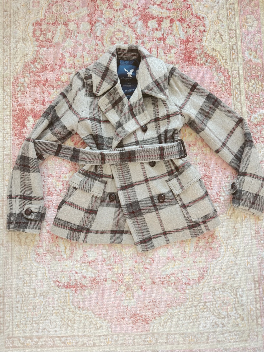 American Eagle, Women’s Plaid Wool Blend Peacoat Jacket in Cream and Brown